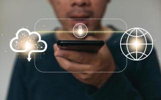Close up hands holding smartphone. man working with smart phone and with blank search bar. Searching Browsing Internet Data Information Networking Concept photo