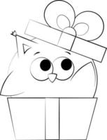 Cute cartoon Owl in gift box. Draw illustration in black and white vector