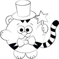 Cute cartoon Tiger the Wizard. Draw illustration in black and white vector