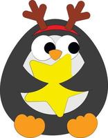 Cute cartoon Penguin with reindeer horns and star. Draw illustration in color vector