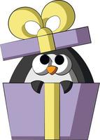 lindo pingüino de dibujos animados en caja de regalo. dibujar una ilustración en color vector