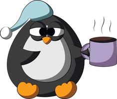 lindo pingüino de dibujos animados con taza y gorro para dormir. dibujar una ilustración en color vector