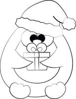 Cute cartoon Penguin in christmas hat with gift box. Draw illustration in black and white vector