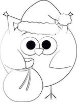 lindo búho navideño de dibujos animados. dibujar ilustraciones en blanco y negro vector