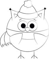 Cute cartoon Owl in hat and scarf. Draw illustration in black and white vector