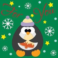 Christmas greeting postcard with character Penguin with gingerbread vector