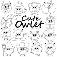 Set cute cartoon Owl. Draw illustration in black and white vector