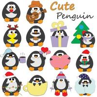 poner lindo pingüino de dibujos animados. dibujar una ilustración en color vector