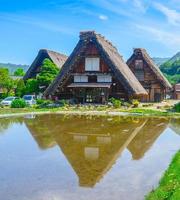 Beautiful spring time traditional Gassho Zukuri Style house with water reflection in Shirakawa-go village,
