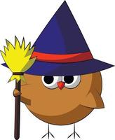 Cute cartoon Owl magician with broom. Draw illustration in color vector