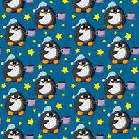 Seamless vector pattern with cute cartoon sleep penguin and star