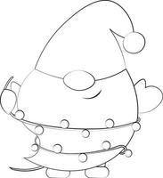 Little christmas Gnome with light garland. Draw illustration in black and white vector