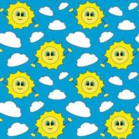 Seamless vector pattern with cute cartoon sun in sky