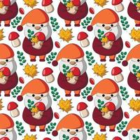 Seamless vector pattern with little autumns Gnomes with mushroom and leaf