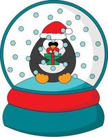 bola de nieve navideña con pingüino y caja de regalo. dibujar una ilustración en color vector