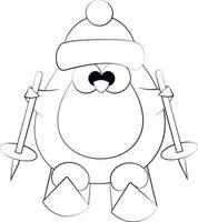 Cute cartoon Penguin by ski. Draw illustration in black and white vector