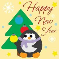 postal de felicitación de navidad con carácter pingüino y árbol de navidad vector