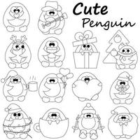 Set cute cartoon penguin. Draw illustration in black and white vector