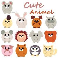 Set cute cartoon round animals. Draw illustration in color vector