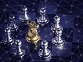 Golden knight chess is surrounded by around silver chess pieces on chess board with network and communication to fighting with teamwork to victory, business strategy concept for success. photo