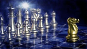 Golden knight chess is leadership in front off silver chess pieces on chess board with network and communication photo