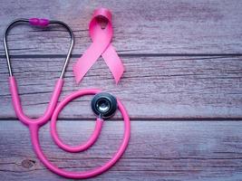 Pink ribbon and stethoscope on wooden table vintage style. Symbol of breast cancer, health care concept photo