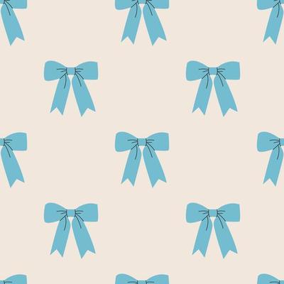 Festive gift bows and ribbons in cartoon style. Simple decorative bow for hair. Blue bow for presents wrapping elements. Gift birthday xmas sale decor. Hand drawn flat seamless pattern.