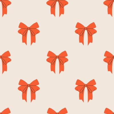 Festive gift bows and ribbons in cartoon style. Simple decorative bow for hair. Red bow for presents wrapping elements. Gift birthday xmas sale decor. Hand drawn flat seamless pattern.