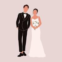 Abstract silhouette of wedding couple groom and bride. Woman with bouquet and man portrait. Invitation card. Wedding ceremony. Marriage people illustration. Newlyweds poster wall print decor vector