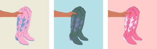 Set of hand holding a pair of cowgirl boots. Cowboy girl wears boots. Cowboy western theme, wild west, texas, fashion. Various cowgirl boots. Hand drawn illustration. vector