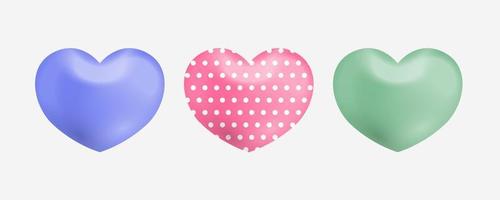 Set of 3d multicolor hearts. Collection Realistic decoration Hearts Love symbol icon. Soft color, glossy with pattern. Celebration decor. Element for romantic design. vector