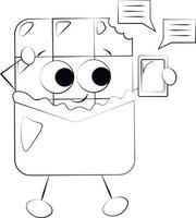 Cute cartoon Chocolate Character with phone. Draw illustration in black and white vector