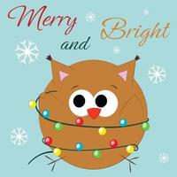 Christmas greeting postcard with character Owl in bright garland vector