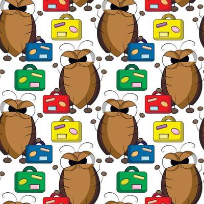 Seamless vector pattern with cute cartoon cockroach with suitcase