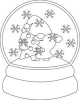 bola de nieve de navidad con gnomo y árbol de navidad. dibujar ilustraciones en blanco y negro vector