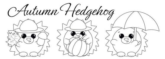 Mini set with cute cartoon autumn hedgehog. Draw illustration in black and white vector