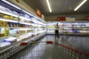 el desenfoque desenfocado de beber leche alimentos comprar carrito de compras puesto en un estante en la bebida foto