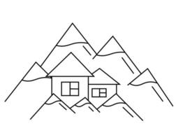 dos casas en las montañas. dibujar ilustraciones en blanco y negro vector