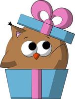 Cute cartoon Owl in gift box. Draw illustration in color vector