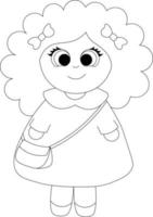 linda chica rizada de dibujos animados con una bolsa. dibujar ilustraciones en blanco y negro vector