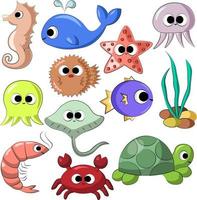 conjunto con lindos animales submarinos de dibujos animados en color vector