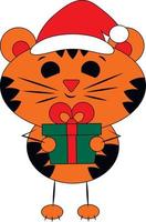 Cute cartoon Tiger with gift box. Draw illustration in color vector