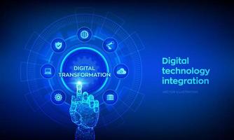 Digital transformation. Digitization of business processes modern technology concept on virtual screen. Disruption, innovation solutions. Robotic hand touching digital interface. Vector illustration.