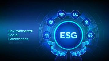 ESG. Environmental Social Governance concept in wireframe hands. Future environmental conservation and ESG modernization development. Business strategy investing concept. Vector illustration.