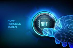 NFT. Non-fungible token digital crypto art blockchain technology concept. Investment in cryptographic. Closeup finger about to press a button. Vector illustration.