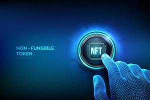 NFT. Non-fungible token digital crypto art blockchain technology concept. Investment in cryptographic. Closeup finger about to press a button. Vector illustration.