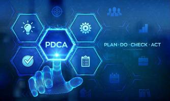 PDCA. Plan Do Check Act Business management technology concept on virtual screen. Wireframe hand touching digital interface. Vector illustration.