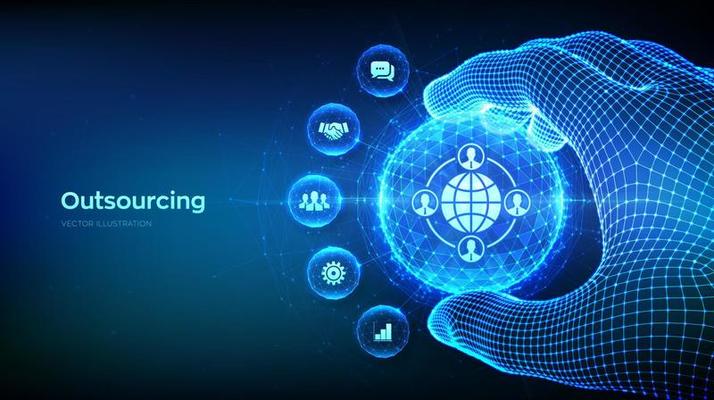 Outsourcing and HR. Social network and global recruitment concept on blue background. Global Recruitment Business in the shape of polygonal sphere in wireframe hand. Vector illustration.