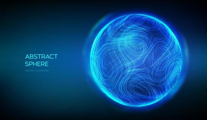 Abstract sphere on blue background. 3d blue energy ball. Ultra thin line fluid geometry. Dynamic distorted sphere. Wave motion particle trails. Futuristic sound or data waveform. Vector illustration.