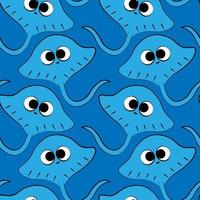 Seamless vector pattern with outline blue cute stingray